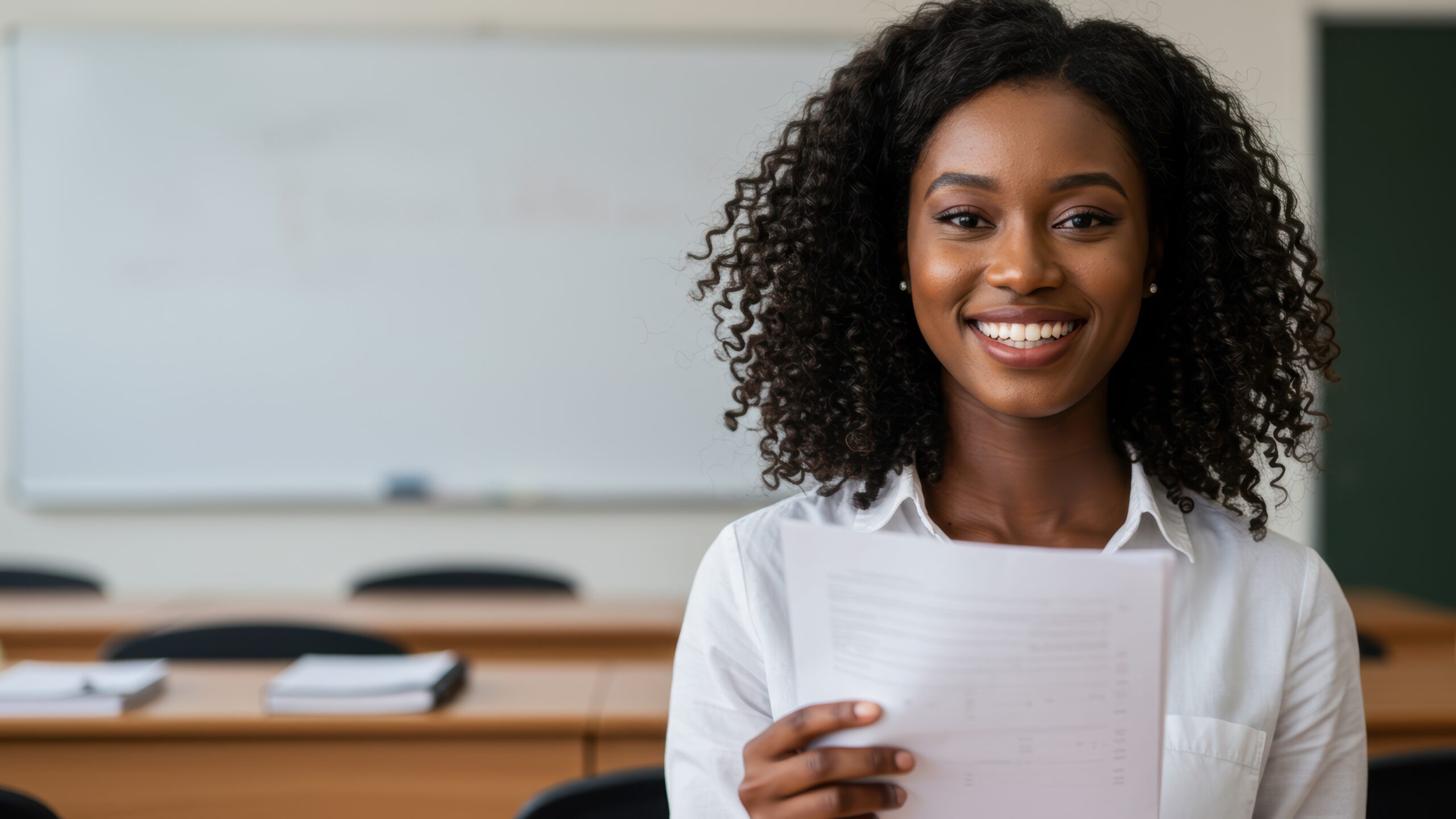 black female educator holding papers in classroom setting exuding confidence and positivity represents growth and education